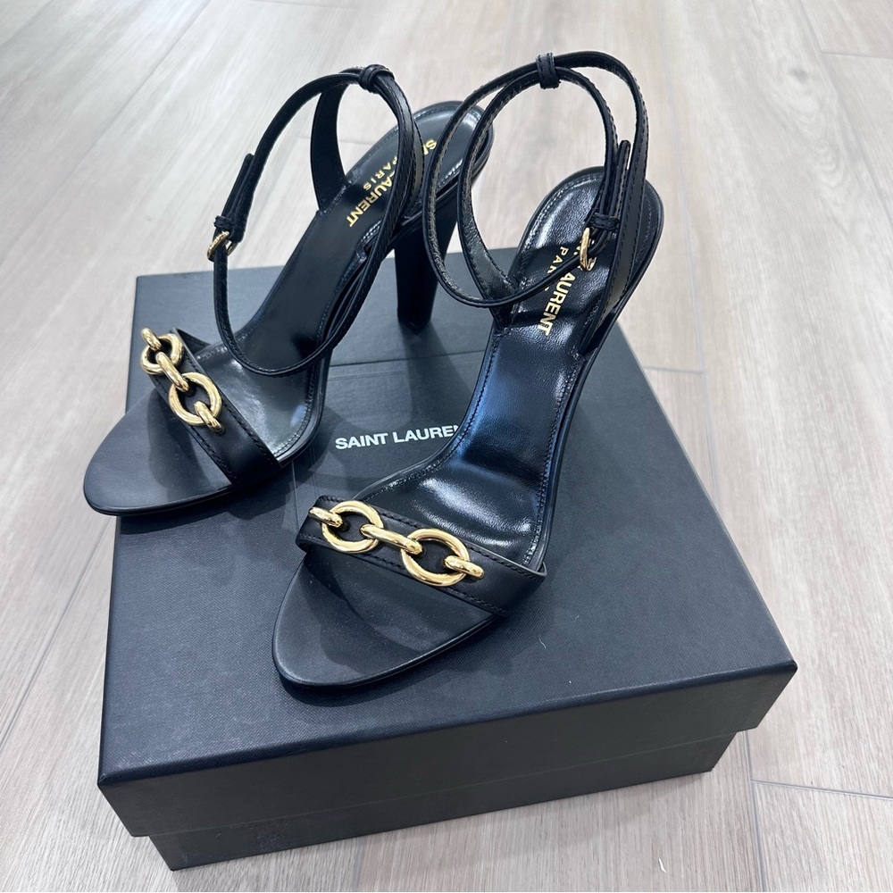 NWT Saint Laurent 95 mm le Maillon gold chain sandals heels black 10.5 EUR 40.5 - Picture 3 of 13
